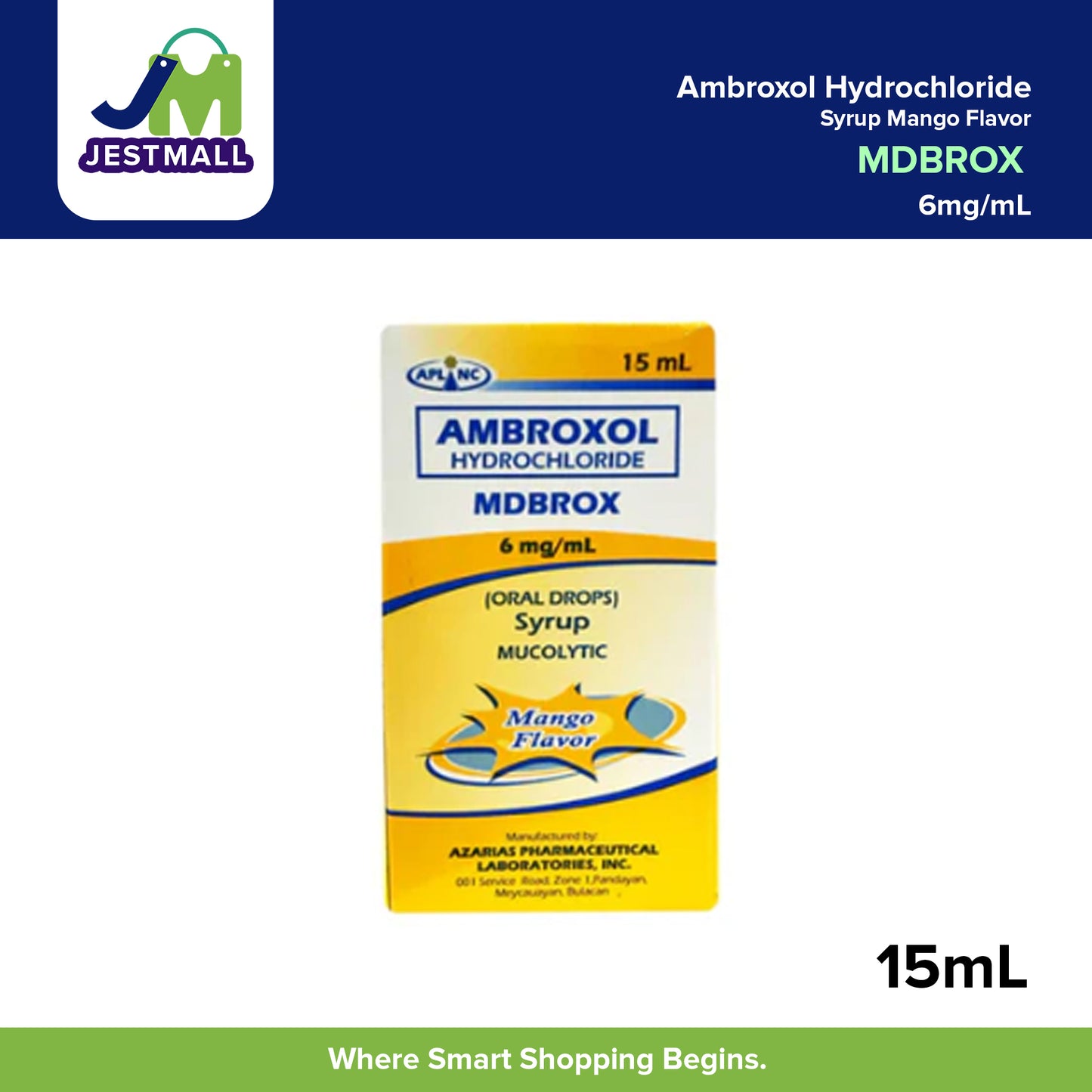 MDBROX Ambroxol Hydrochloride 6mg/mL Oral Drops Mango 15mL