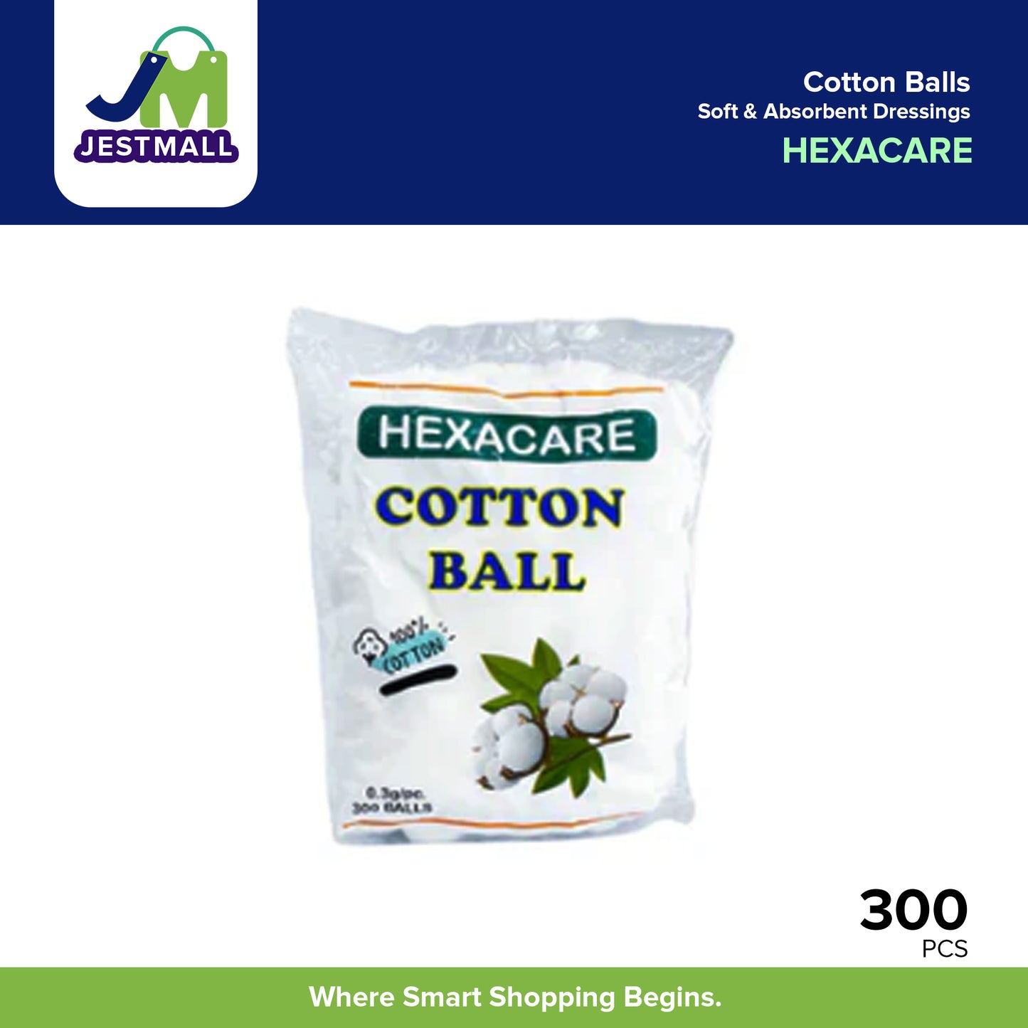 HEXACARE 100% Cotton Balls 0.3g Each 300s Soft & Absorbent Dressings