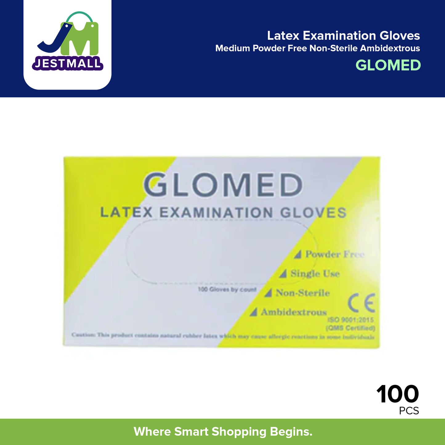 GLOMED Latex Examination Gloves Medium Powder Free Non-Sterile Ambidextrous 100s – Disposable Safety Gloves