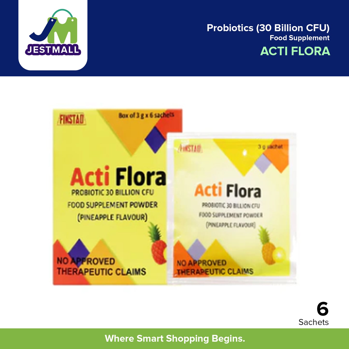 ACTI FLORA Probiotic Supplement Pineapple Flavor 30 Billion CFU Sachets – 6s