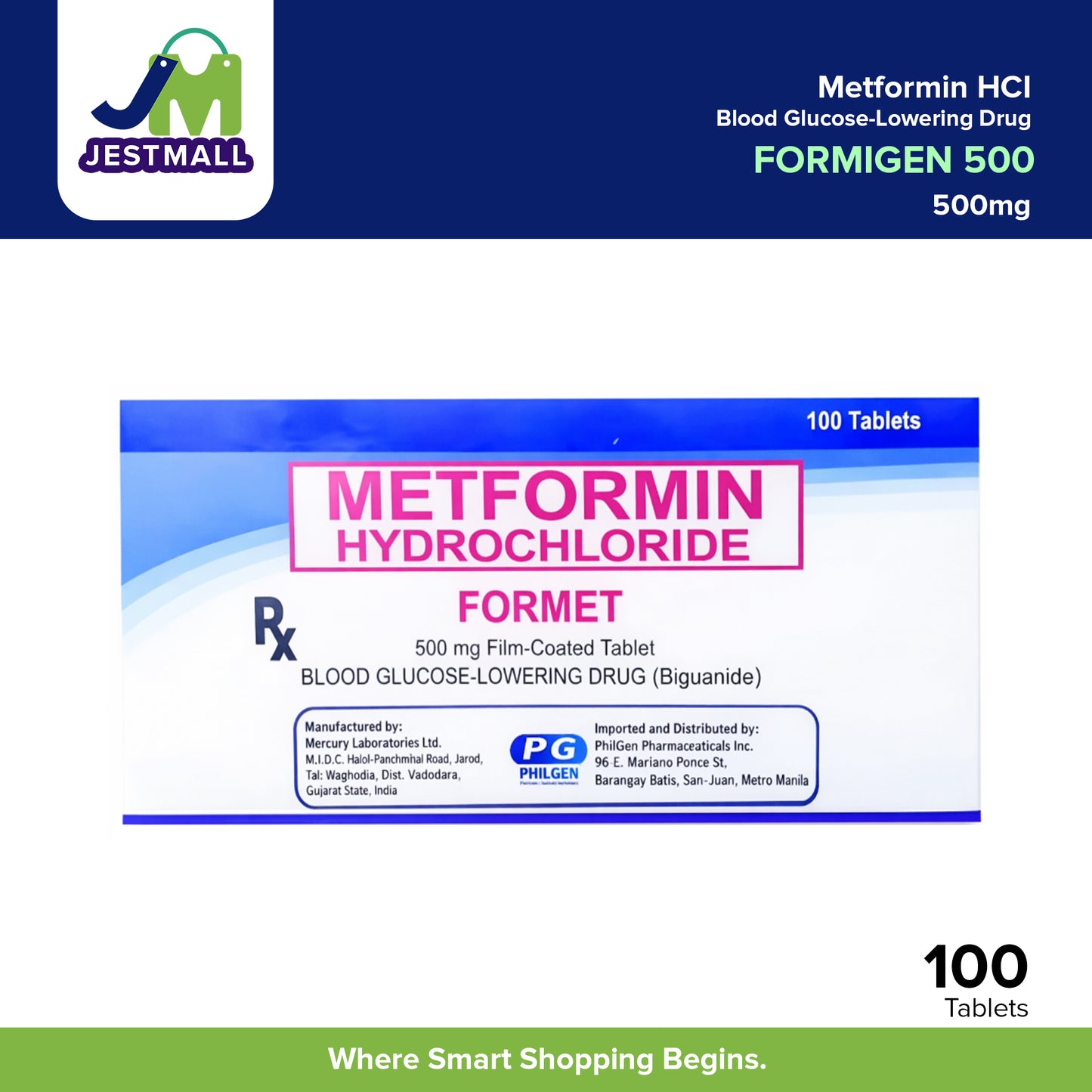 FORMIGEN 500 Metformin HCI 500mg Film Coated Tablet Blood Glucose-Lowering Drug Tablet 100's
