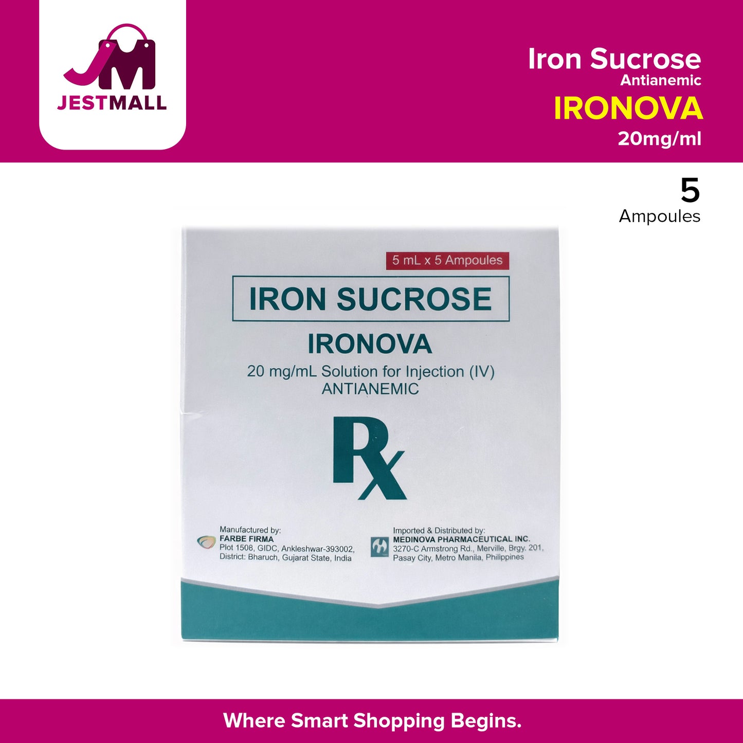IRONOVA Iron Sucrose 20mg/ml Solution for Injection (IV) Antianemic Ampoules 5ml x 5's