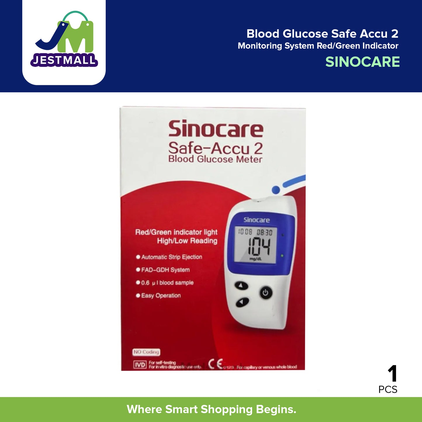 SINOCARE Blood Glucose Safe Accu 2 Monitoring System Red/Green Indicator