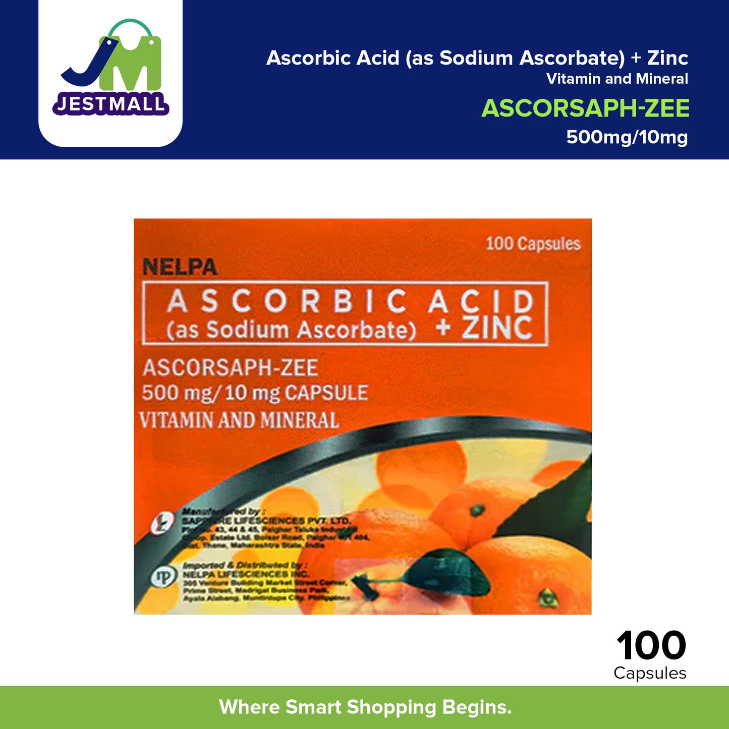 ASCORSAPH ZEE Ascorbic Acid + Zinc 500mg/10mg Capsule 100's
