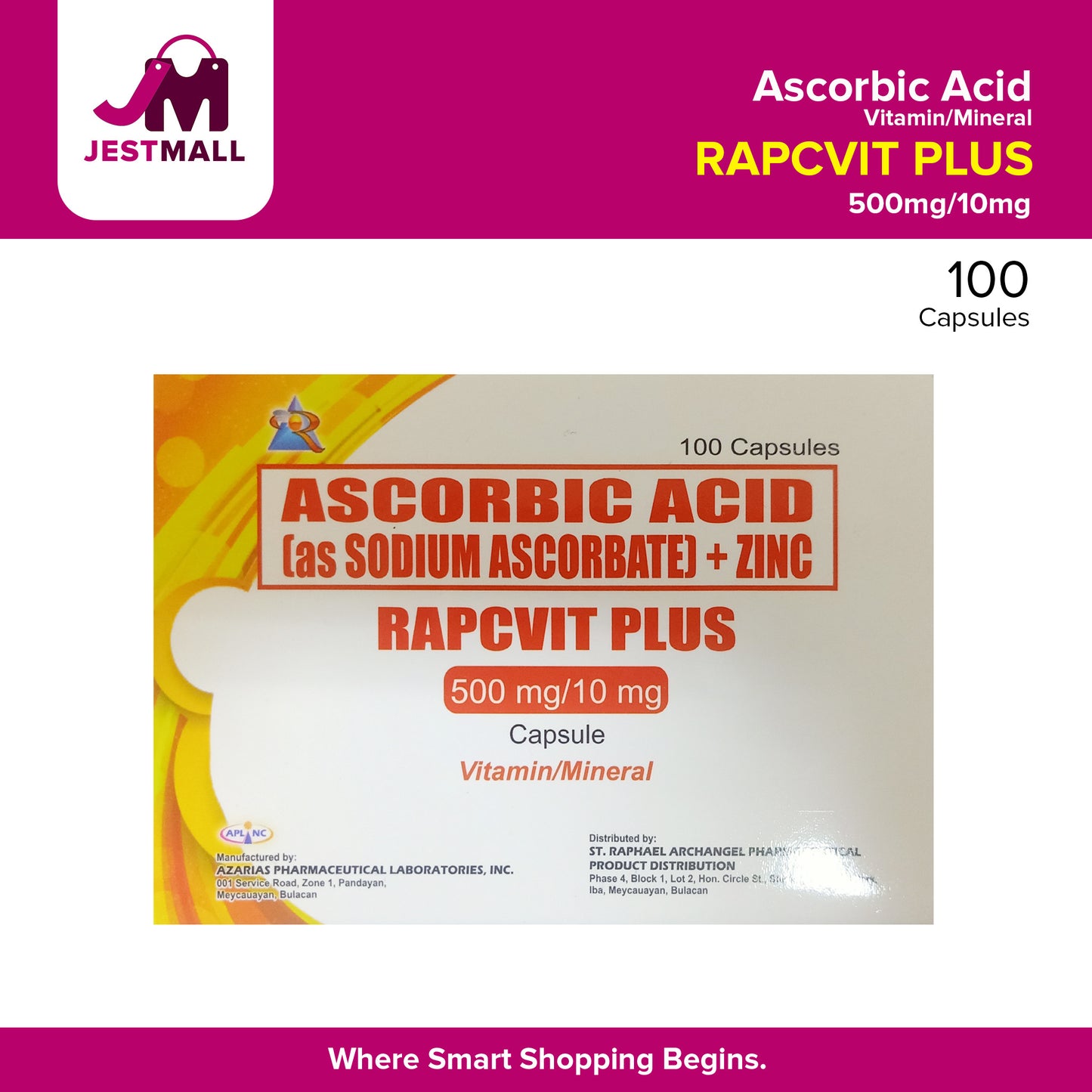 RAPCVIT PLUS Ascorbic Acid (as sodium ascorbate) + Zinc 500mg/10mg Capsule 100's