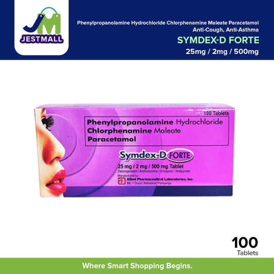 SYMDEX-D FORTE Phenylpropanolamine Hydrochloride Chlorphenamine Maleate Paracetamol 25mg / 2mg / 500mg Decongestant Antihistamine Analgesic Antipyretic Tablet 100's