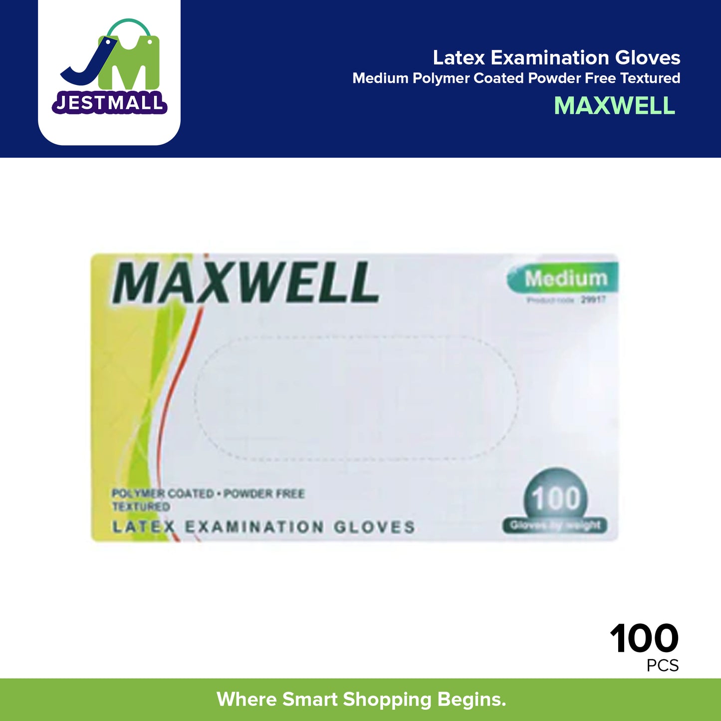 MAXWELL Latex Examination Gloves Medium Polymer Coated Powder Free Textured 100s Disposable Gloves