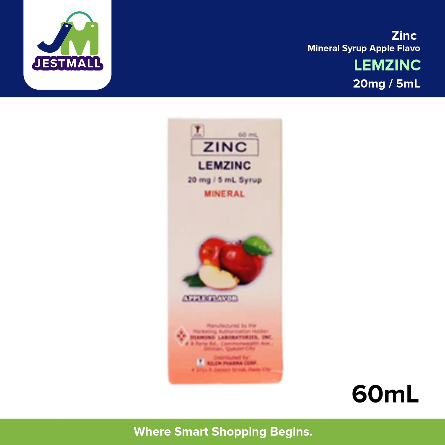 LEMZINC Zinc Mineral Syrup 20mg-5ml Apple Flavor 60ml Liquid Immune Support