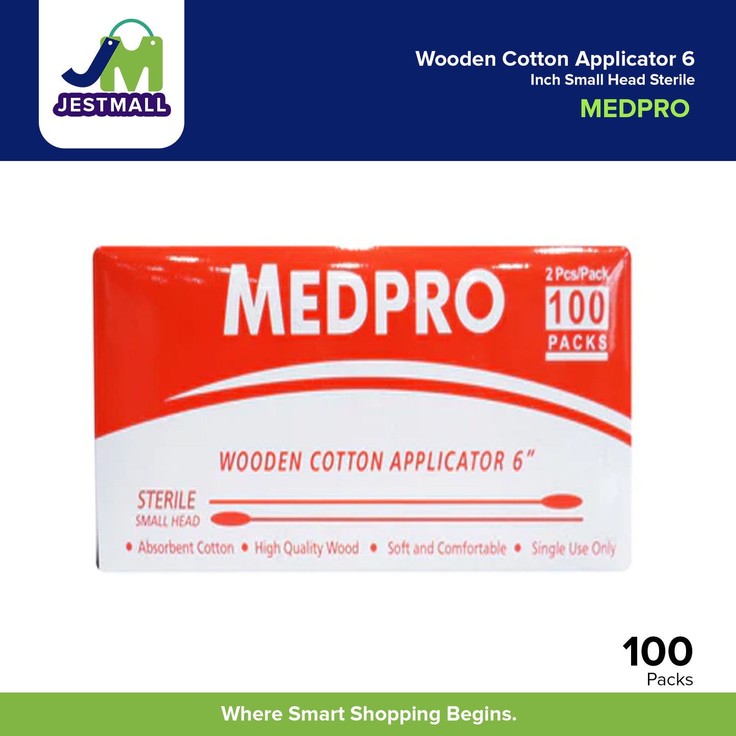 MEDPRO Wooden Cotton Applicator 6 Inch Small Head Sterile 2pcs Pack