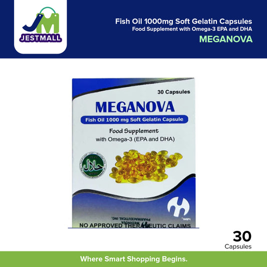 MEGANOVA Fish Oil 1000mg Soft Gelatin Capsules Food Supplement with Omega-3 EPA and DHA 30pcs