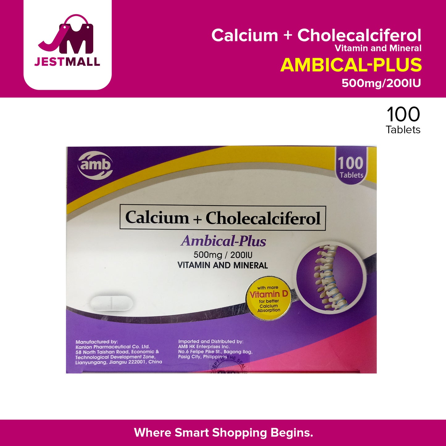 AMBICAL PLUS Calcium + Cholecalciferol 500mg/200IU Vitamin And Mineral Tablet 100's