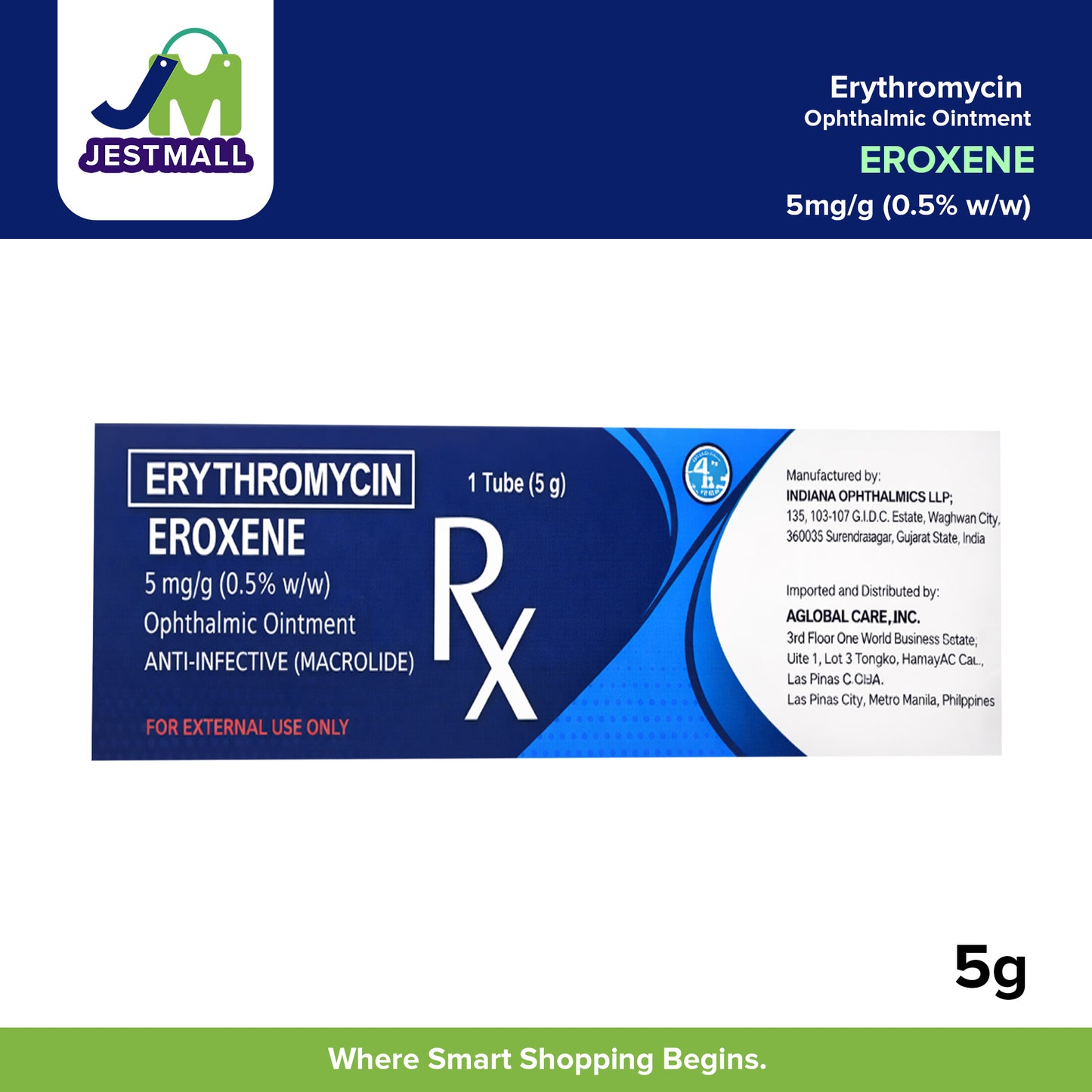 EROXENE Erythromycin 5mg/g (0.5% w/w) Ophthalmic Ointment 1 Tube 5g