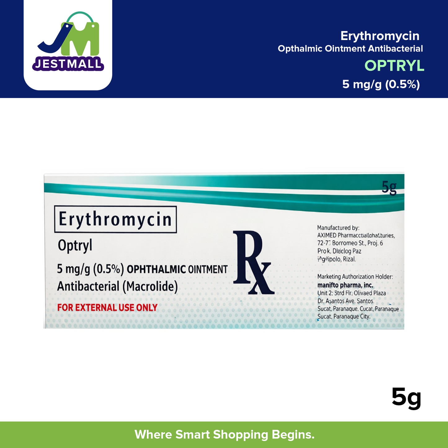OPTRYL Erythromycin 0.5% Opthalmic Ointment Antibacterial 5g