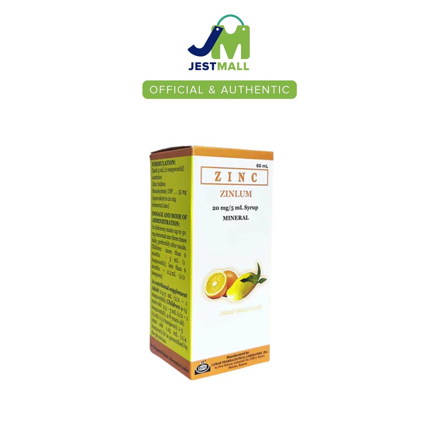 ZINLUM Zinc Mineral Syrup Orange Mango Flavor 20mg/mL 60mL