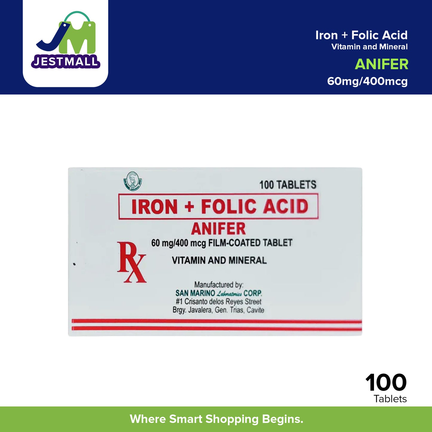 ANIFER Iron + Folic Acid Vitamin and Mineral 60 mg / 400 mcg Tablet 100's