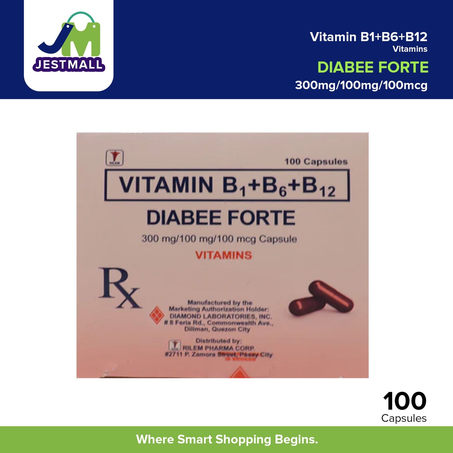 DIABEE FORTE Vitamin B1 B6 B12 300mg / 100mg / 100mcg Capsules 100's
