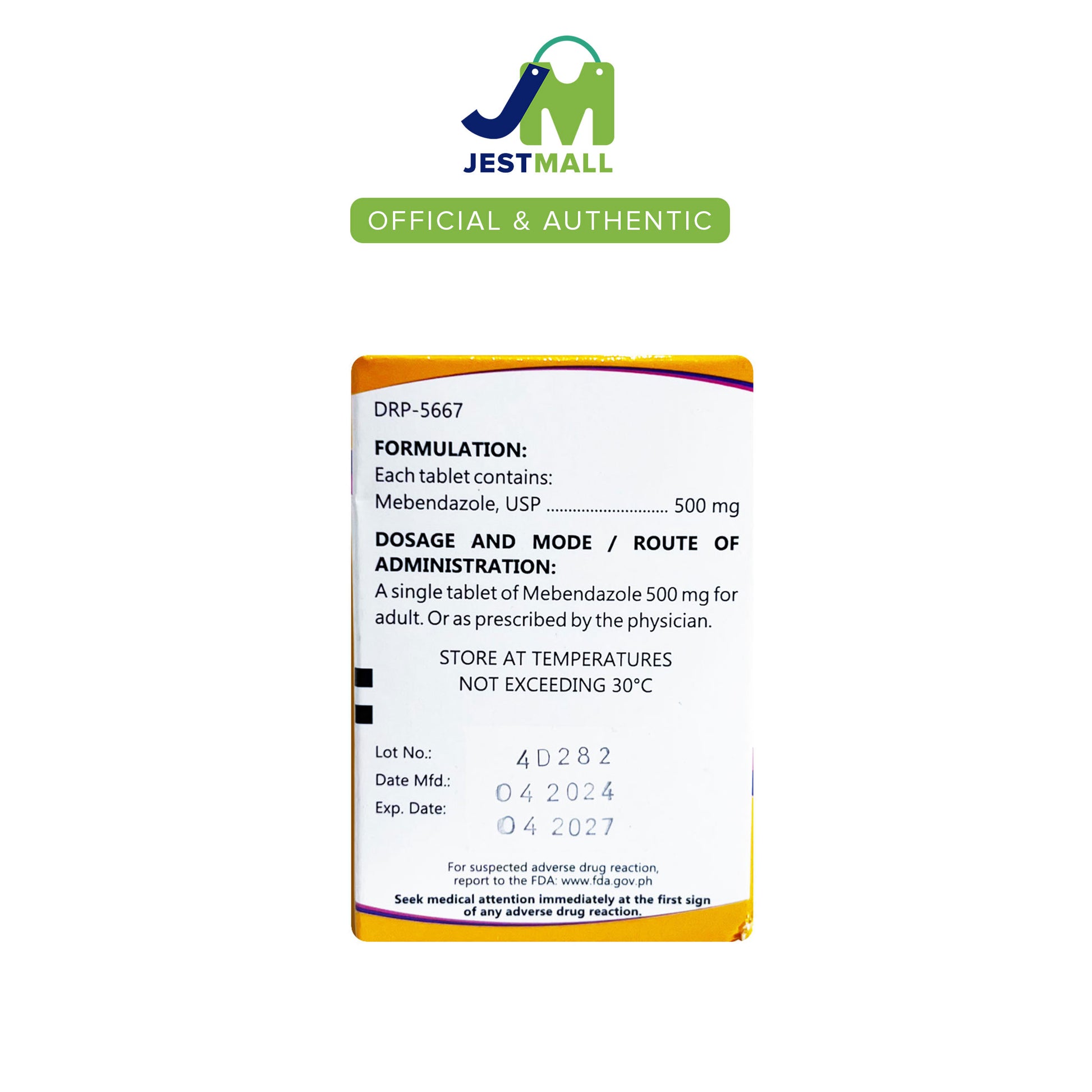 DM Mebendazole 500mg Anthelmintic Tablets 100s pack