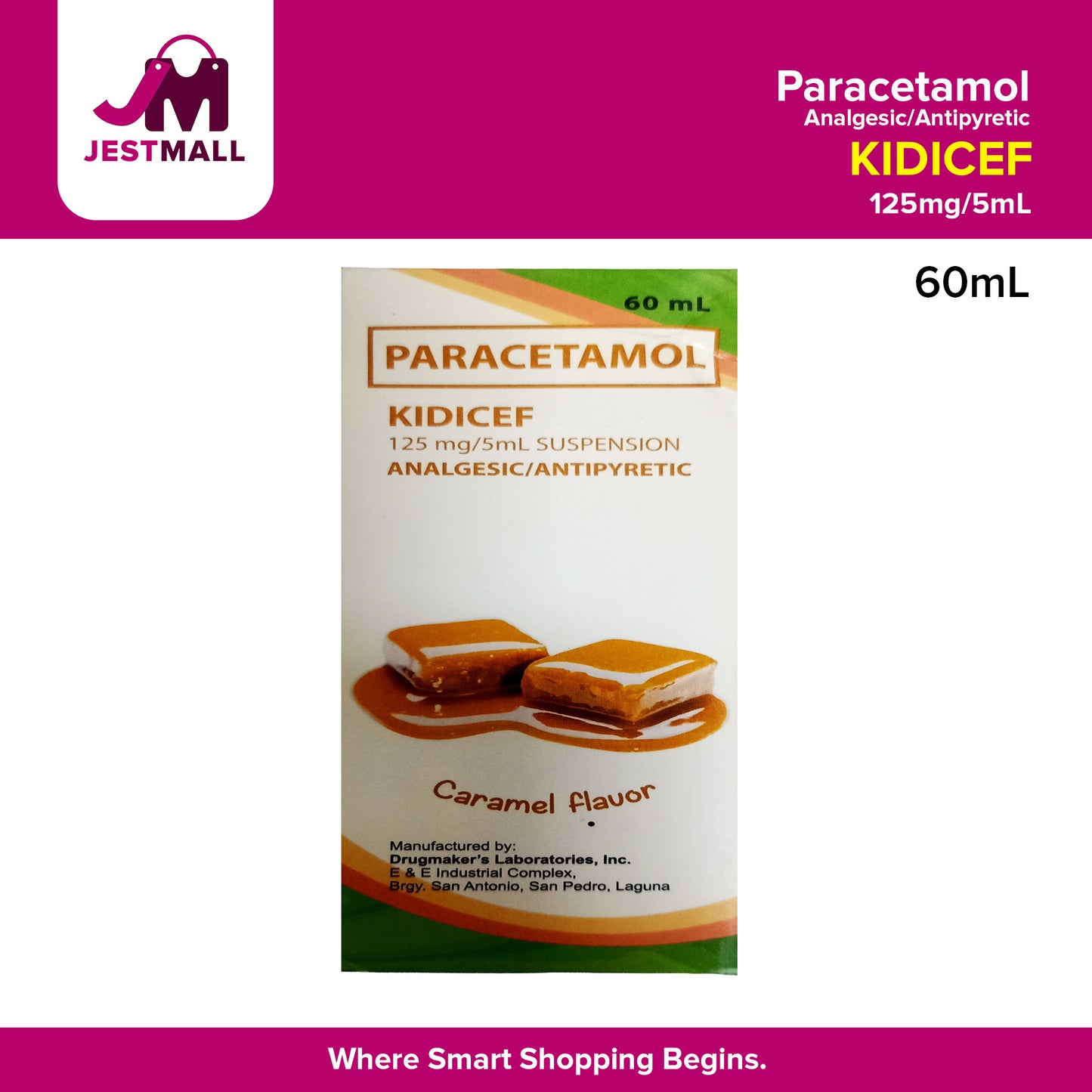 KIDICEF Paracetamol 125mg /5ml Suspension Analgesic/Antipyretic Caramel Flavor 60ml