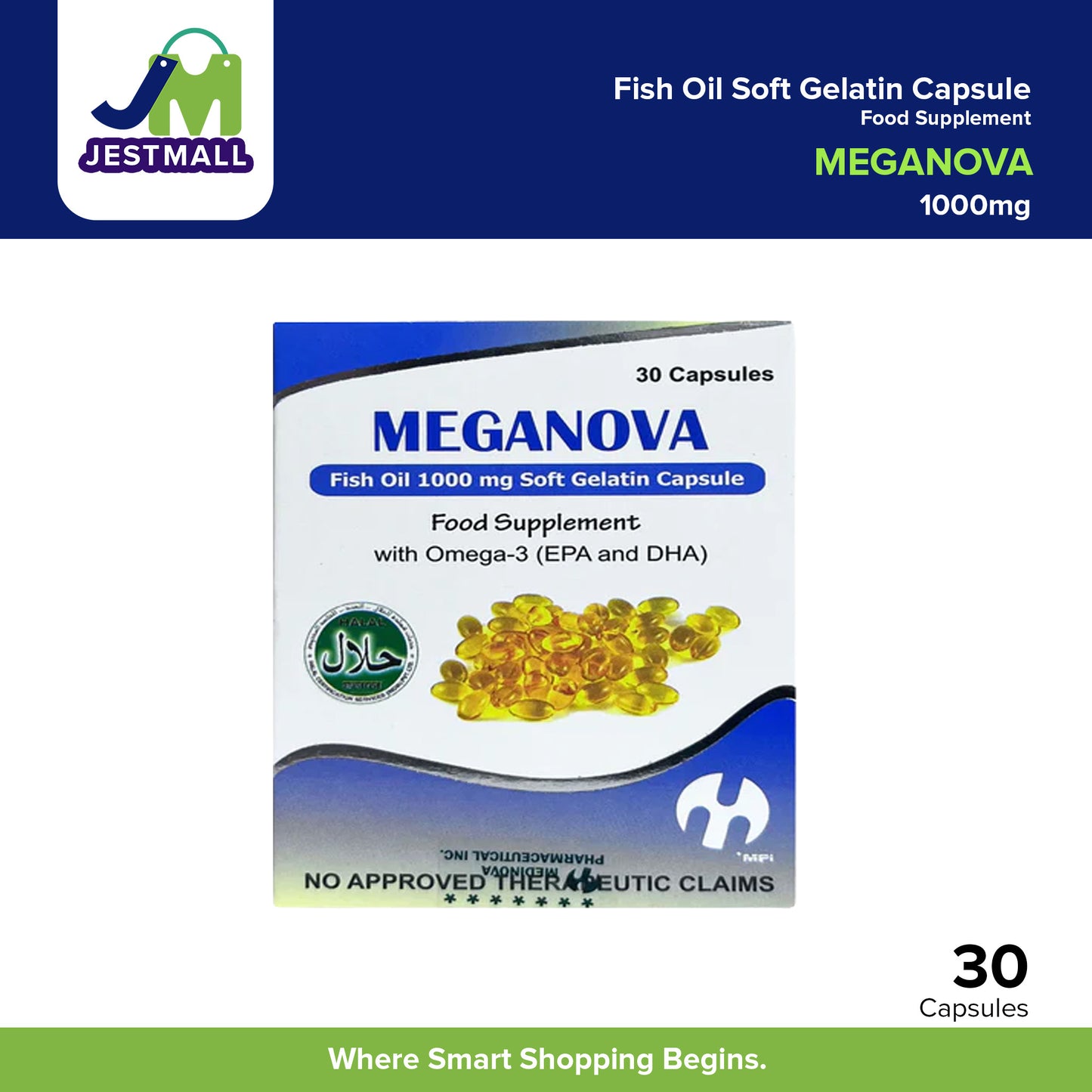 MEGANOVA Fish Oil 1000 mg Soft Gelatin Capsule Food Supplement with Omega 3 (EPA and DHA) 30PCS