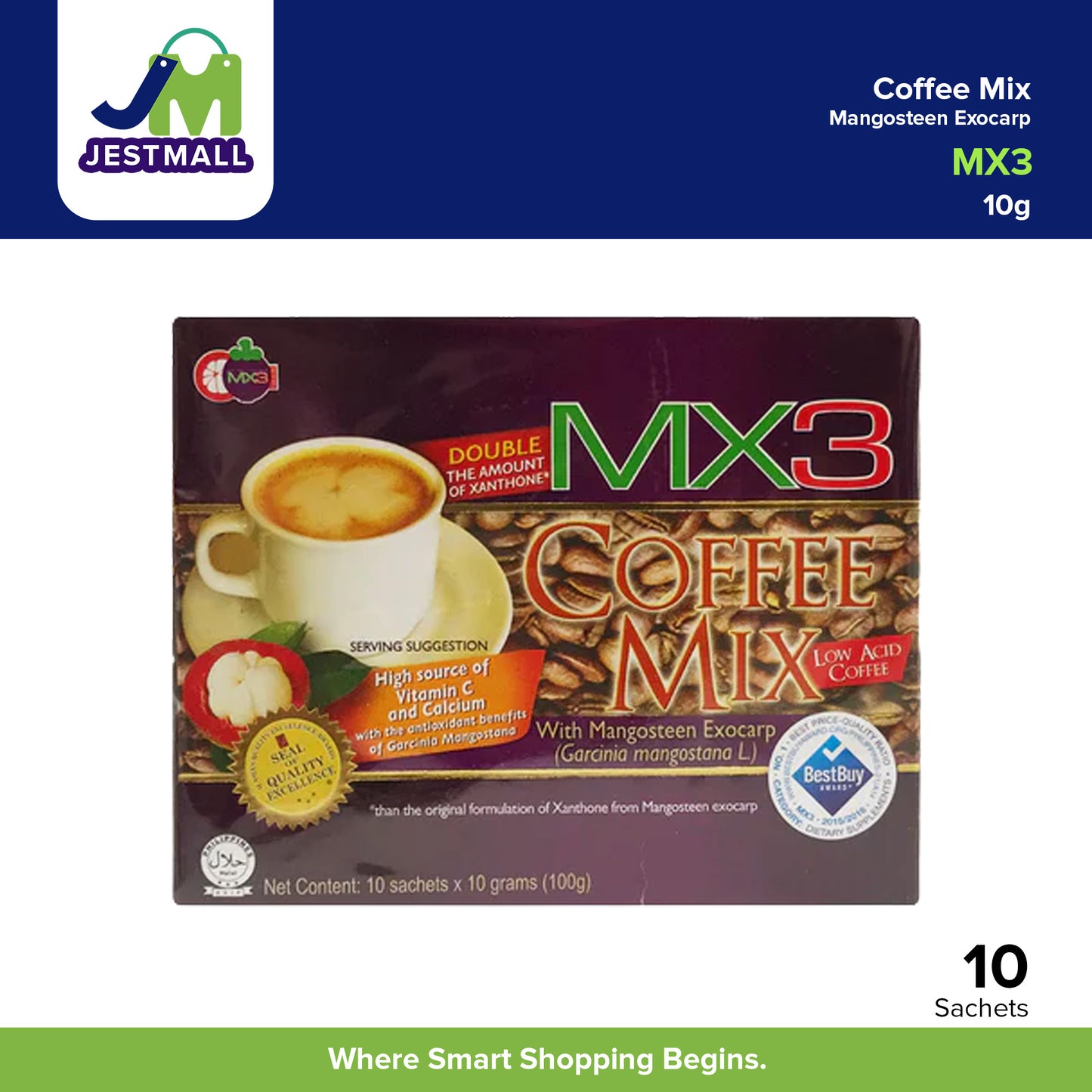 MX3 Coffee Mix with Mangosteen Exocarp High Source of Vitamin C and Calcium Low Acid Sachet 10g x 10's