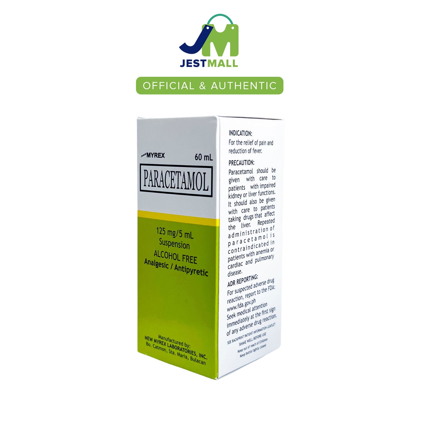 MYREX Paracetamol 125mg/5mL Suspension Alcohol Free 60mL bottle