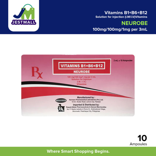 NEUROBE Vitamins B1 + B6 + B12 Solution for Injection (I.M / I.V.) 100 mg / 100 mg/1 mg per 3mL Ampoules 10's