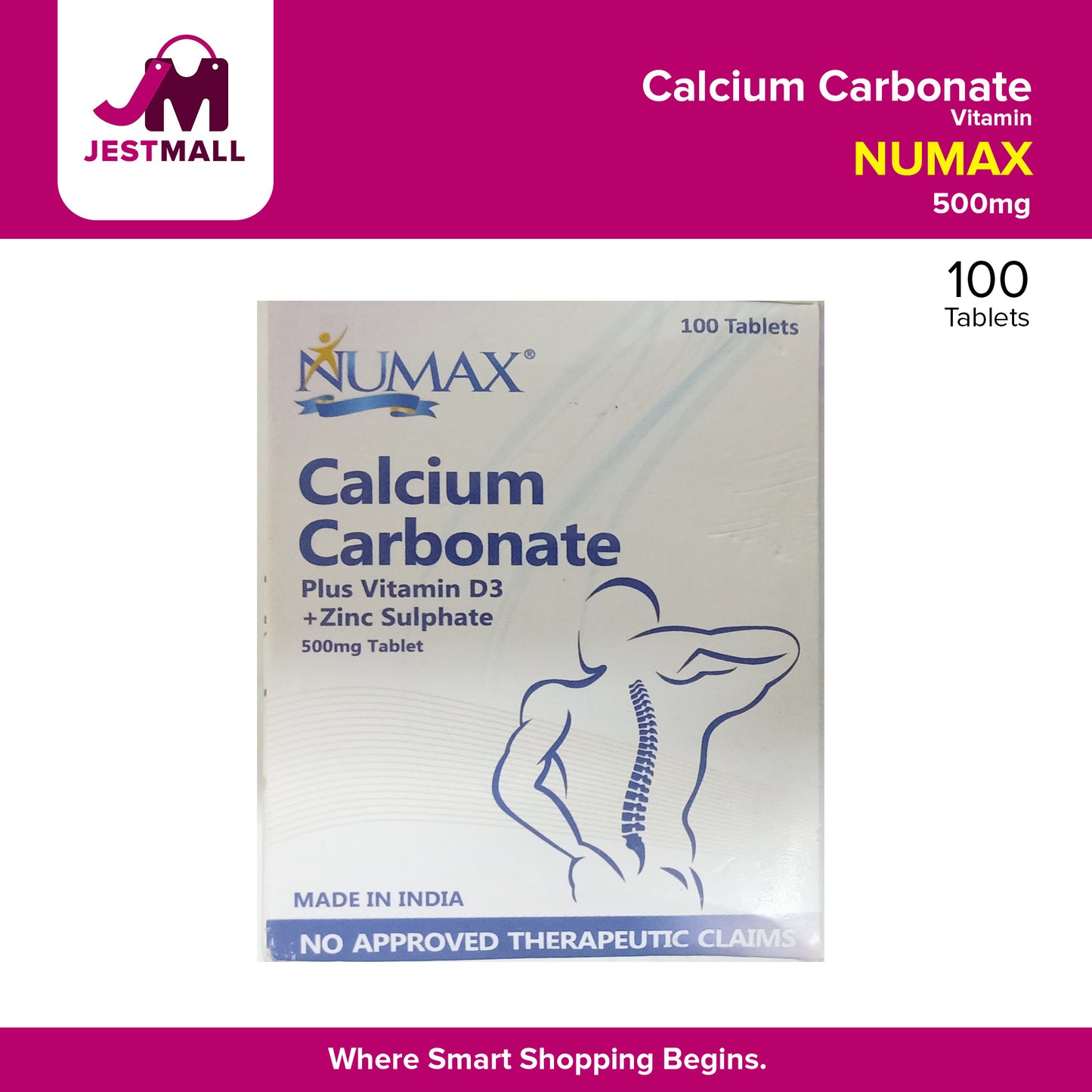 NUMAX Calcium Carbonate Plus Vitamin D3 +Zinc Sulphate 500mg Tablet 100's