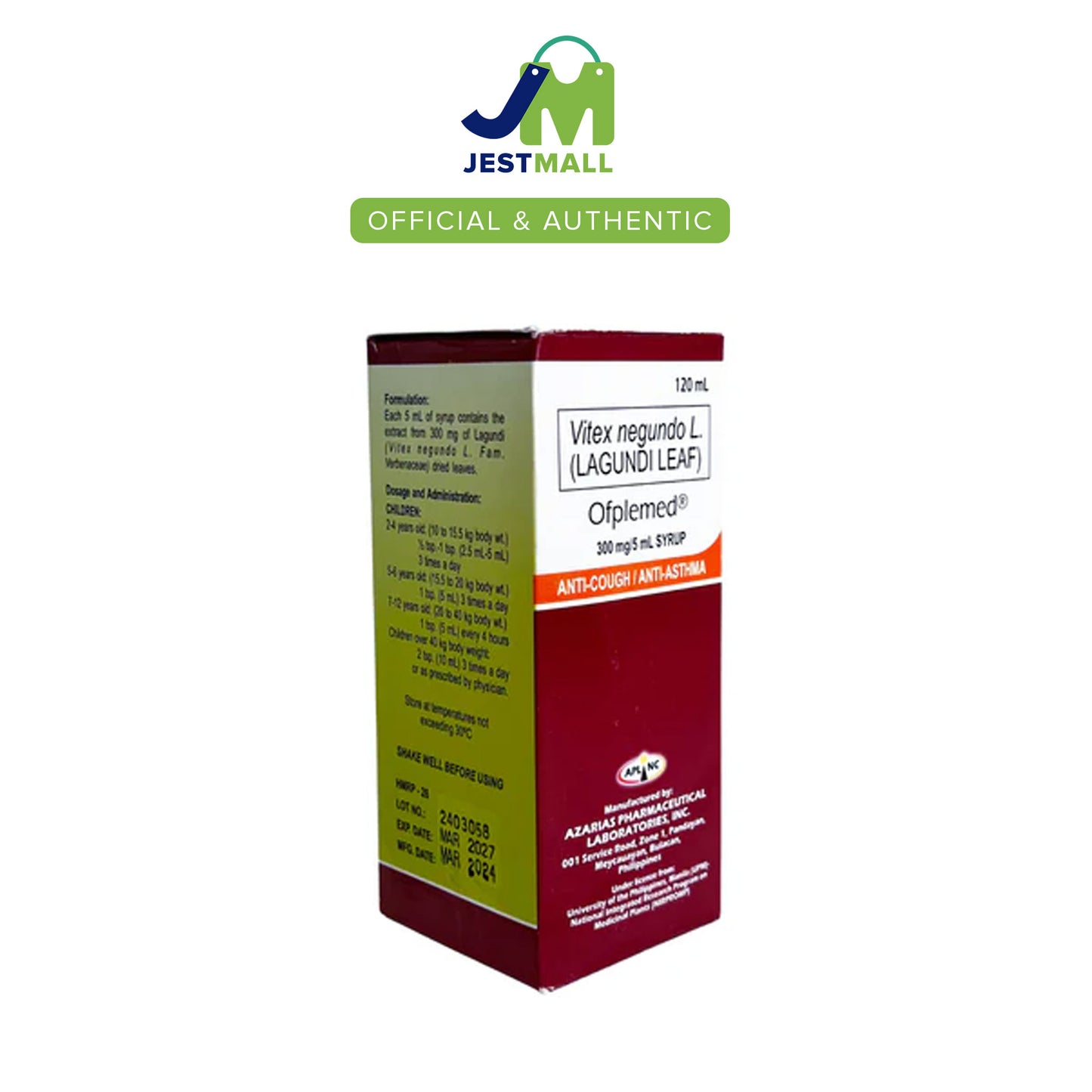 OFPLEMED Lagundi Leaf 300mg/5mL Kids Syrup Orange Flavor 120mL bottle