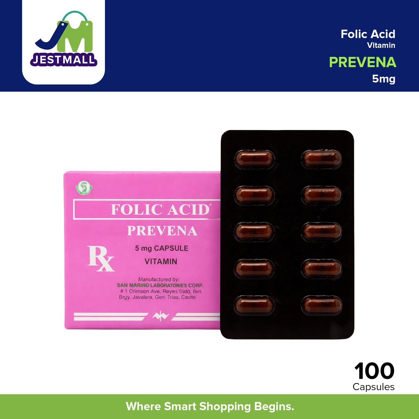 PREVENA Folic Acid Vitamin 5mg Capsule 100's