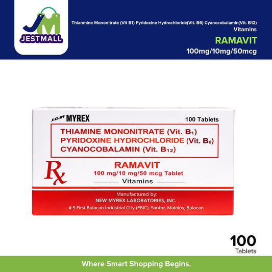 RAMAVIT Thiamine Mononitrate VITAMIN B1 Pyridoxine Hydrochloride VITAMIN B6 Cyanocobalamin VITAMIN B12 100mg/10g/50mcg Tablet 100's
