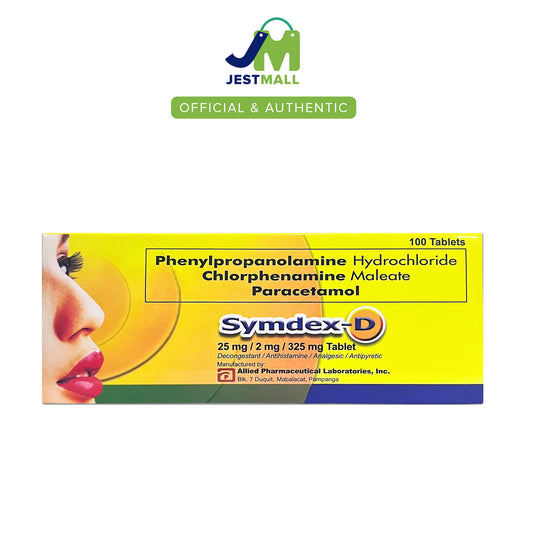 SYMDEX-D Phenylpropanolamine Chlorphenamine Paracetamol 25mg 2mg 325mg tablets 100s box, combination supplement for cold and allergy relief
