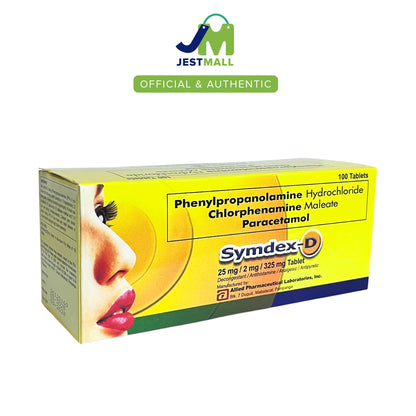SYMDEX-D Phenylpropanolamine Chlorphenamine Paracetamol 25mg 2mg 325mg tablets 100s box, combination supplement for cold and allergy relief