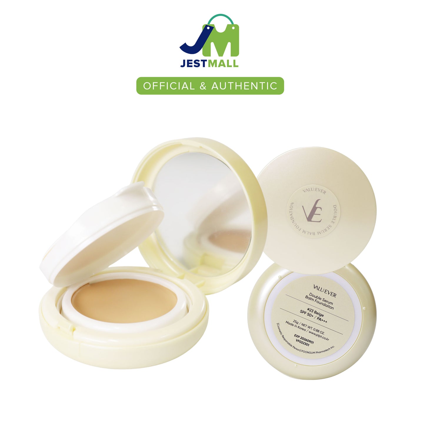 VALU:EVER Double Serum Balm Foundation SPF50+ PA+++ 25g compact, hydrating serum-infused foundation with buildable coverage, Korean makeup base