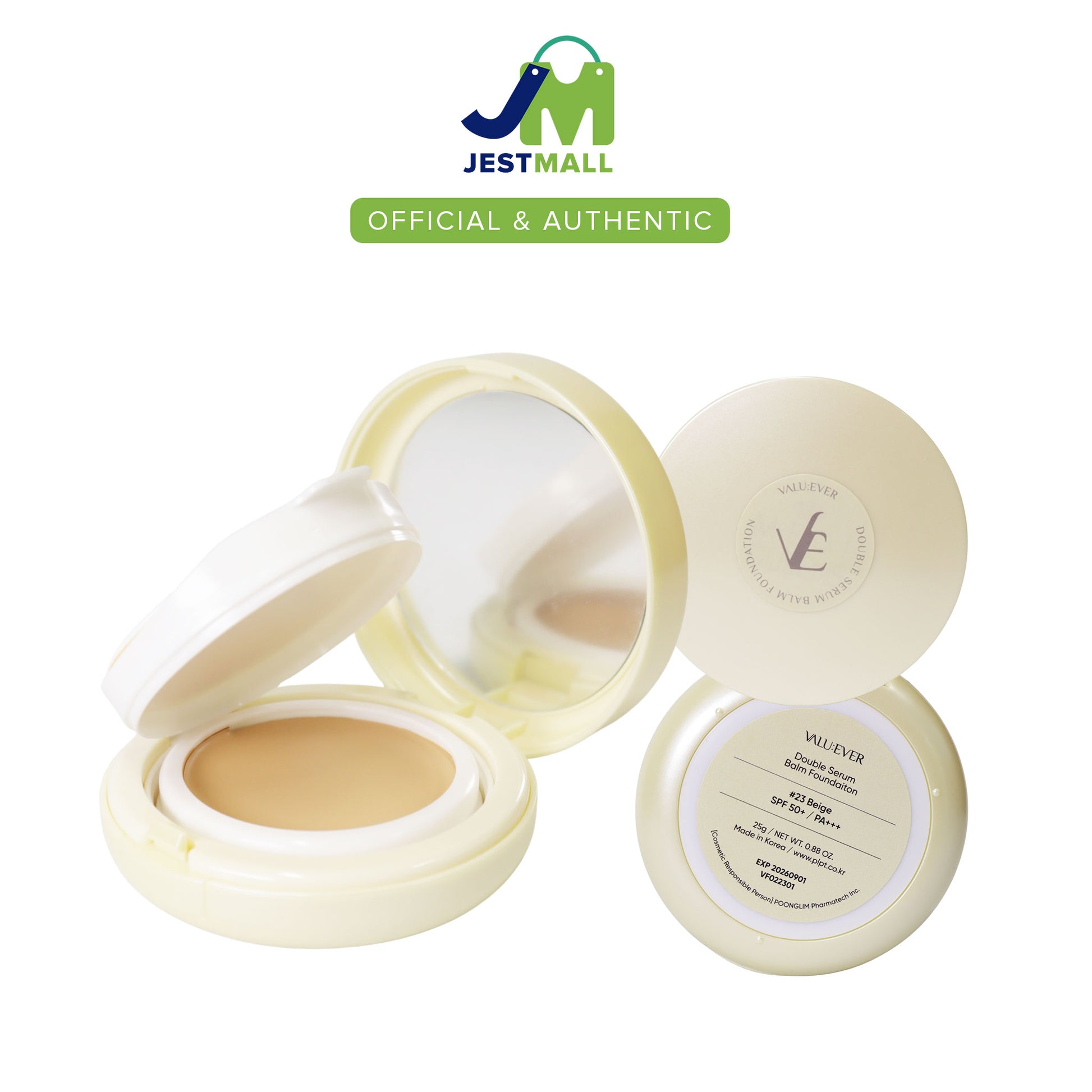 VALU:EVER Double Serum Balm Foundation SPF50+ PA+++ 25g compact, hydrating serum-infused foundation with buildable coverage, Korean makeup base