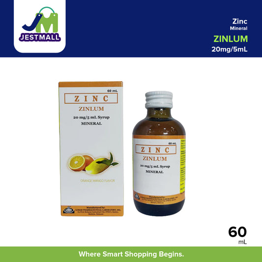 ZINLUM Zinc Mineral Syrup Orange Mango Flavor 20mg/mL 60mL
